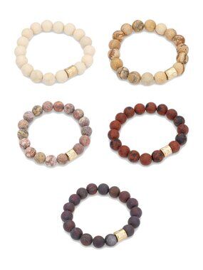 5 Bracelet Stack - Earth Tones Semi-Precious Stone Stretch Bracelets, 8mm Beads